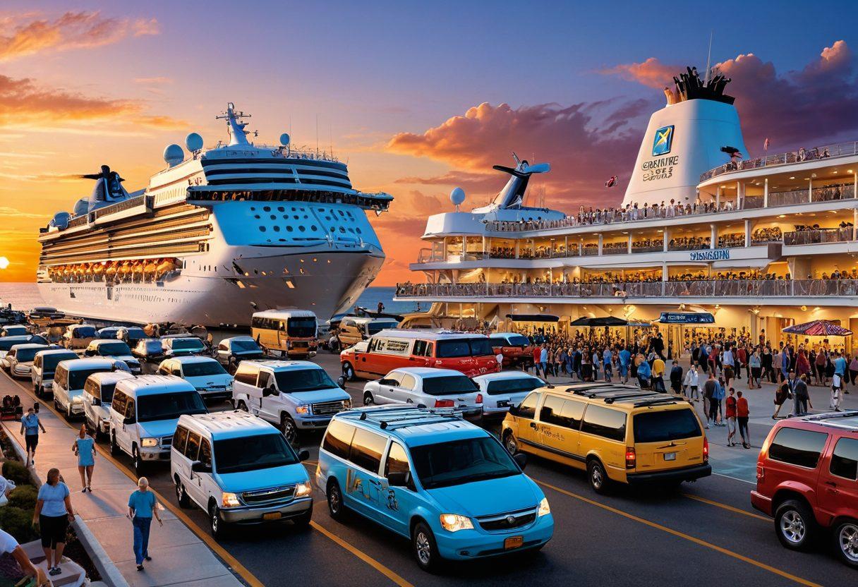 A bustling cruise port with a serene, organized parking lot in the foreground, showcasing happy families loading luggage into shuttle buses. Include clear signs for parking and shuttle services. The backdrop features a majestic cruise ship ready for departure against a sunset sky. vibrant colors, super-realistic.
