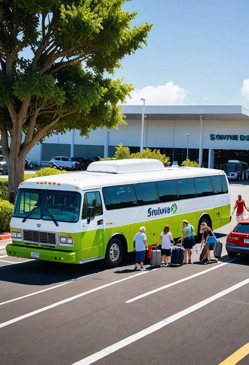 A serene airport scene with happy travelers effortlessly loading luggage into a sleek shuttle bus under a clear sky, while stress-free families park cars in spacious parking slots nearby. Lush greenery and welcoming signs painting a picture of ease and efficiency. Super-realistic. vibrant colors. white background.
