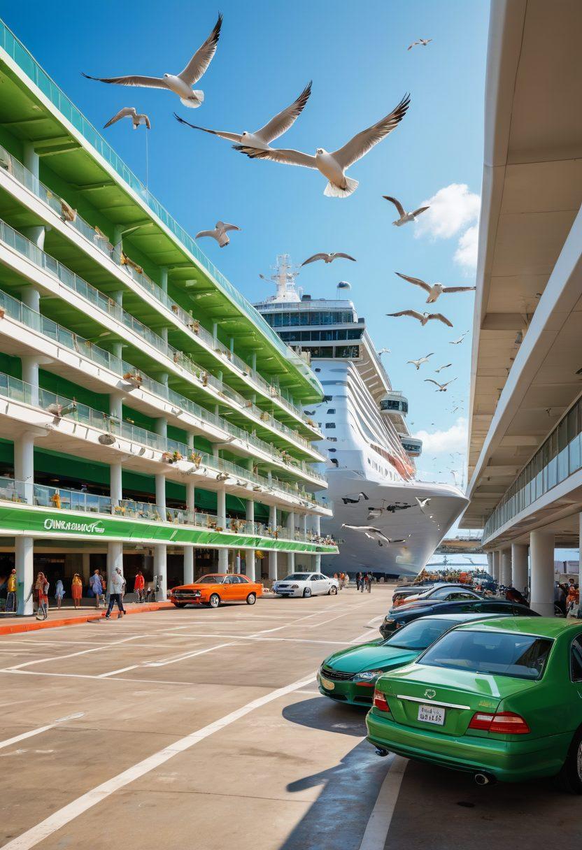 A bustling cruise port with travelers joyfully walking toward a luxurious cruise ship. In the foreground, a modern parking garage filled with various cars, each marked by a green check signifying great deals. Above the scene, a bright, sunny sky with seagulls flying across. Infuse a sense of excitement and convenience for travel. super-realistic. vibrant colors.